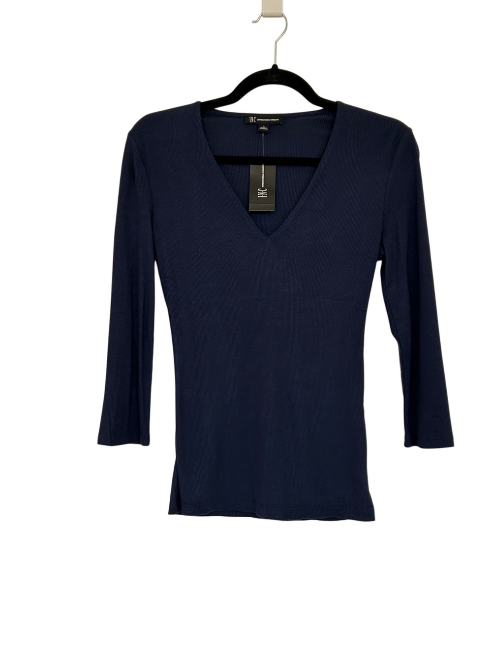 INC International Concepts Rayon Navy V-Neck Long Sleeve Top with Liner Small